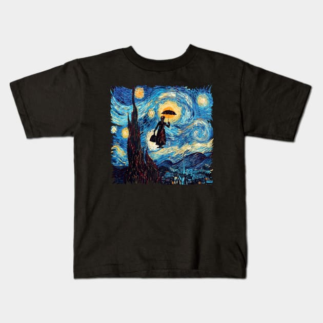 Girl with an Umbrella starry night Kids T-Shirt by Dezigner007